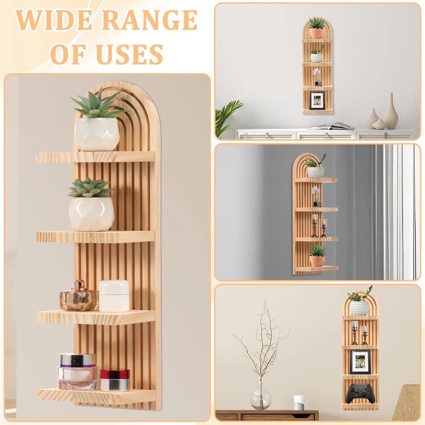 3-Tier Wooden Boho Floating Wall Shelf