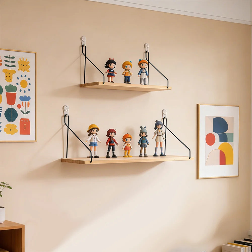 Wooden Wall Shelf with Iron Hooks