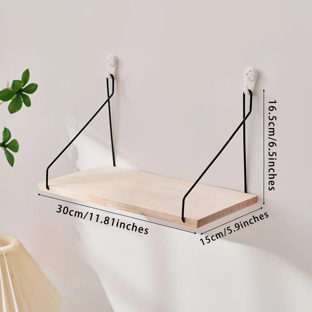 Wooden Wall Shelf with Iron Hooks
