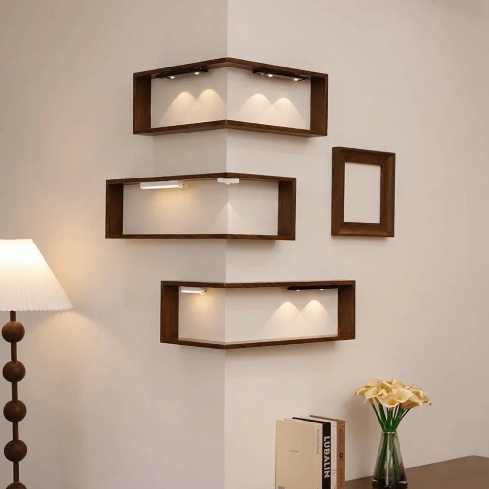 90° Wooden Floating Corner Wall Shelf