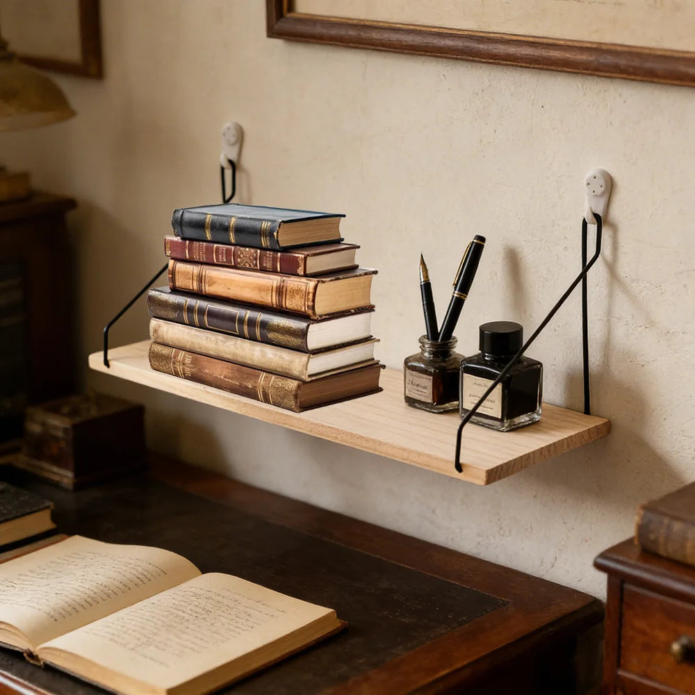 Wooden Wall Shelf with Iron Hooks