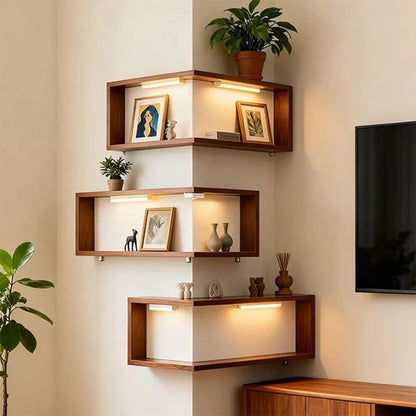 90° Wooden Floating Corner Wall Shelf