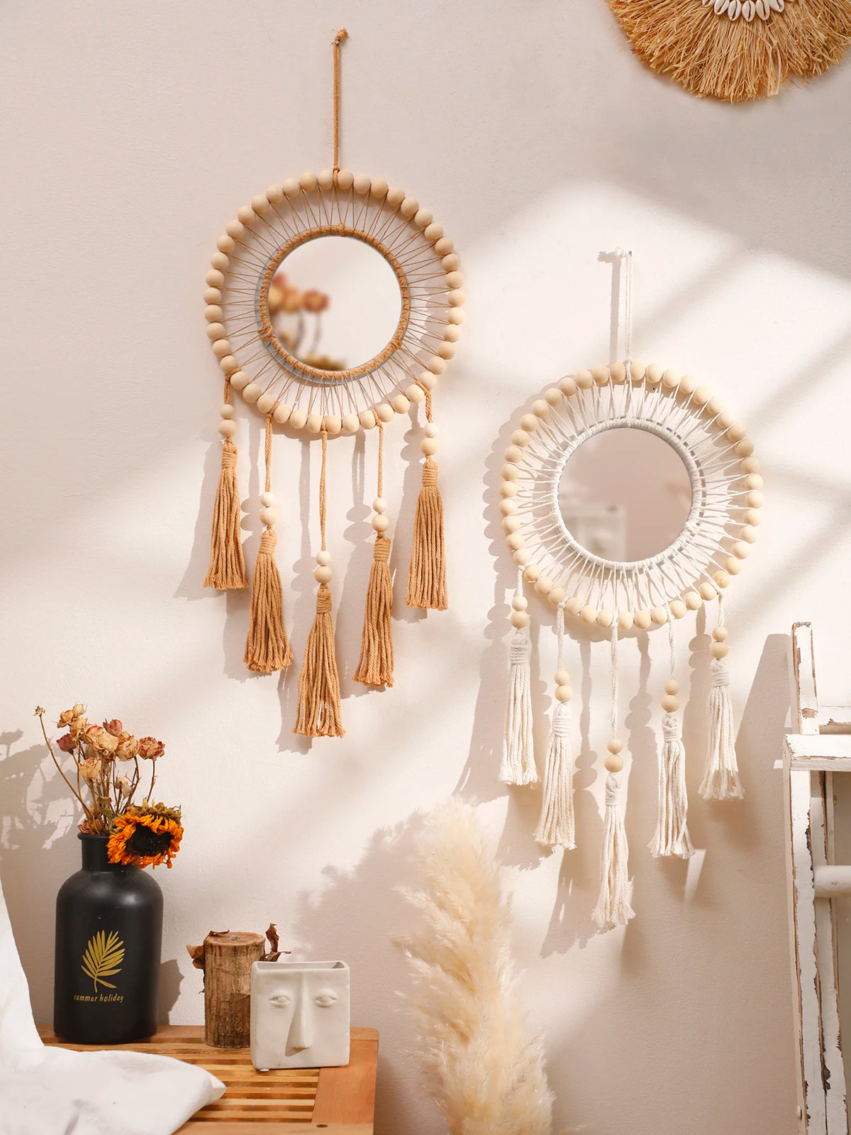 Boho Wooden Bead Wall Mirror