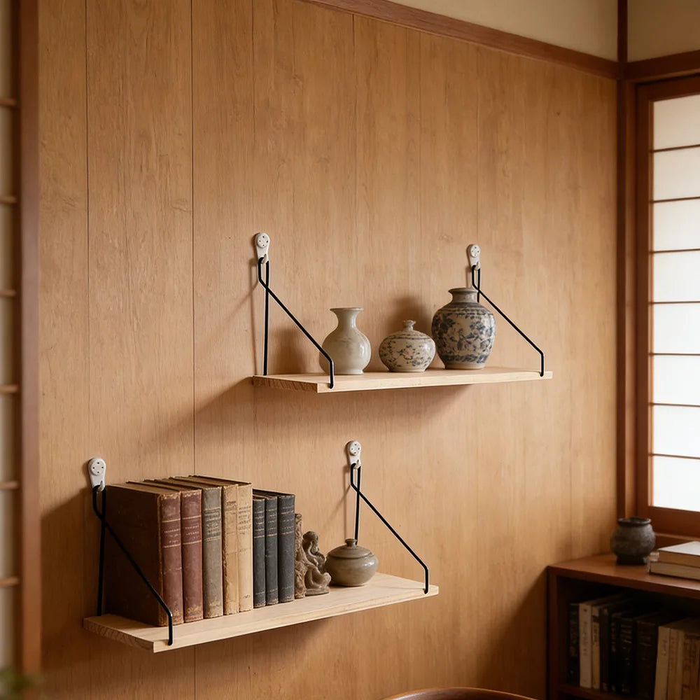 Wooden Wall Shelf with Iron Hooks
