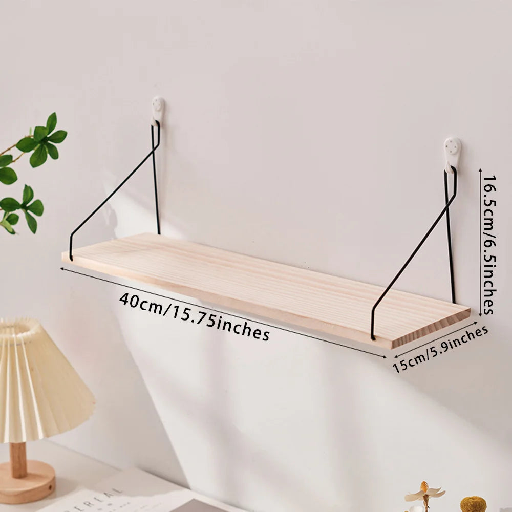 Wooden Wall Shelf with Iron Hooks