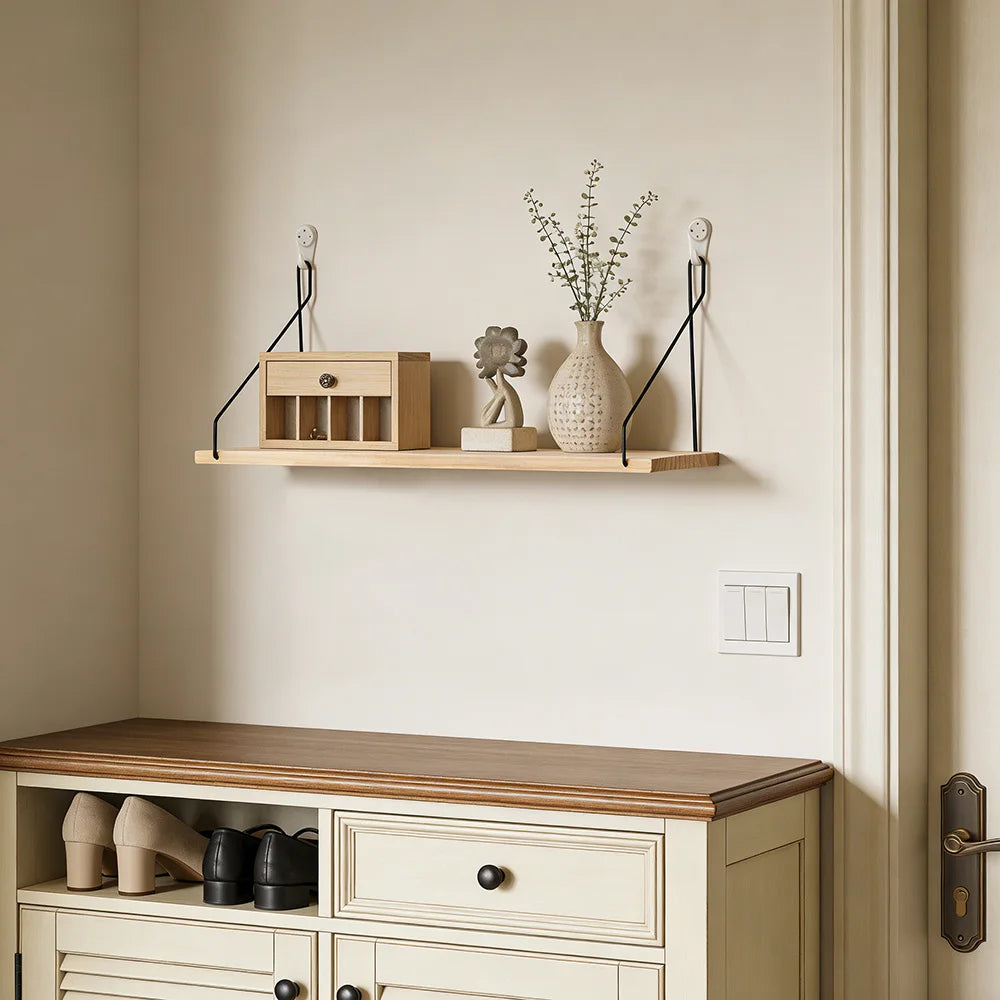 Wooden Wall Shelf with Iron Hooks