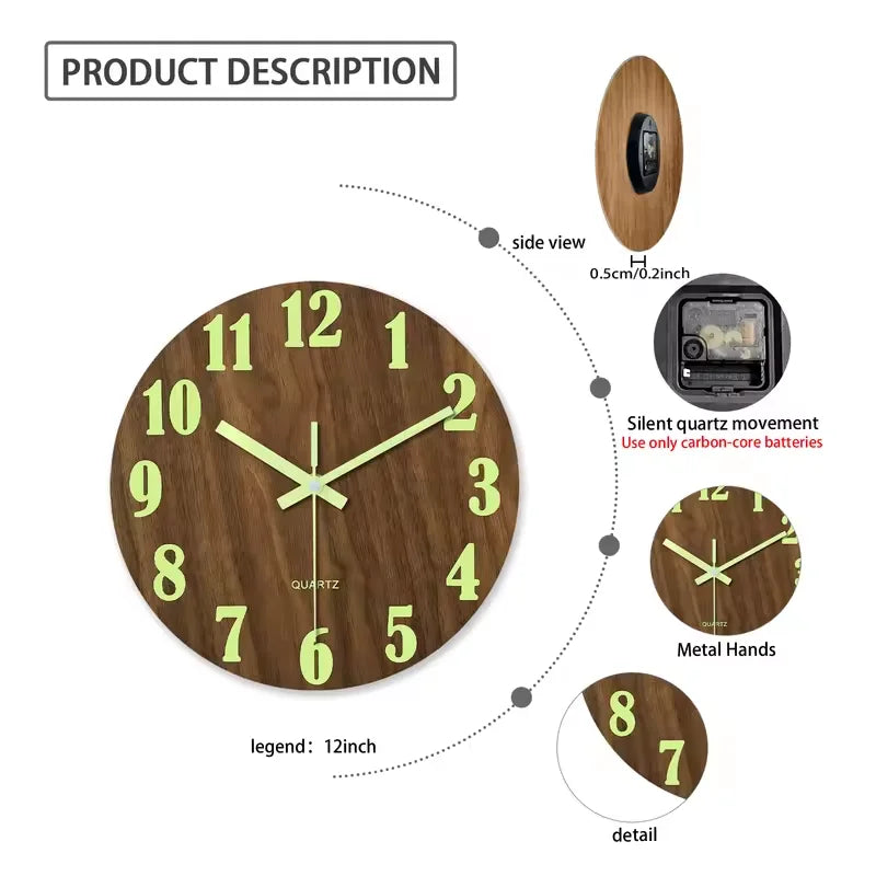 8-Inch Luminous Wooden Wall Clock