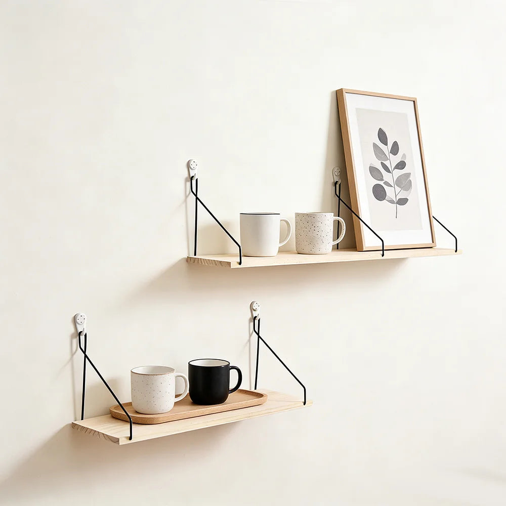 Wooden Wall Shelf with Iron Hooks