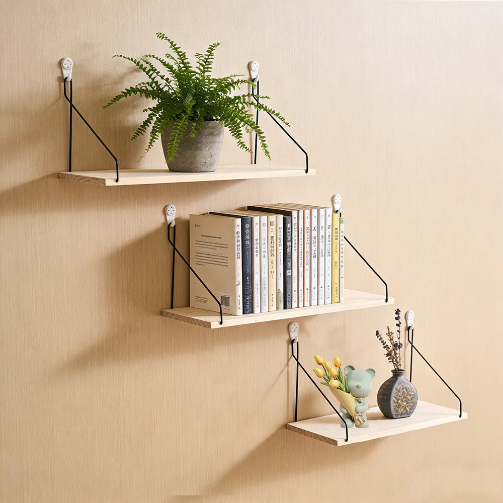 Wooden Wall Shelf with Iron Hooks