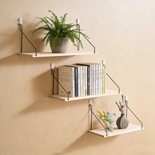 Wooden Wall Shelf with Iron Hooks