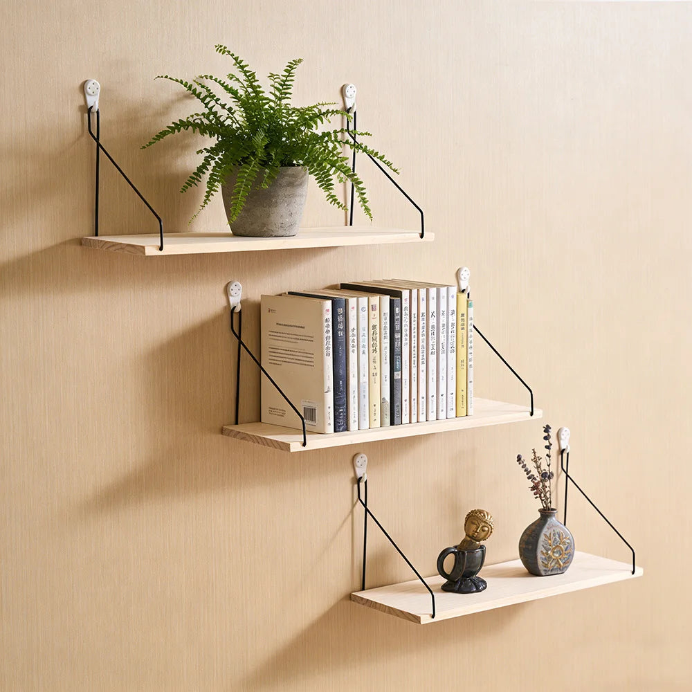 Wooden Wall Shelf with Iron Hooks