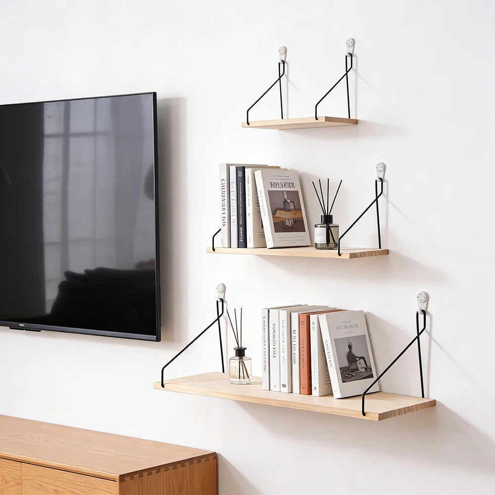 Wooden Wall Shelf with Iron Hooks