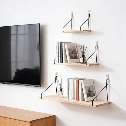 Wooden Wall Shelf with Iron Hooks