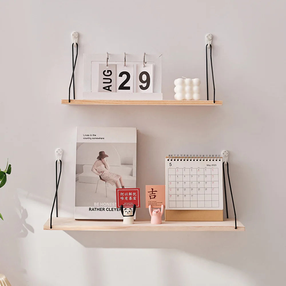 Wooden Wall Shelf with Iron Hooks