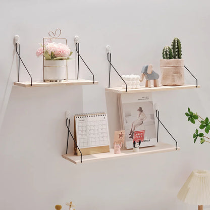 Wooden Wall Shelf with Iron Hooks