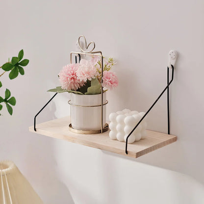 Wooden Wall Shelf with Iron Hooks