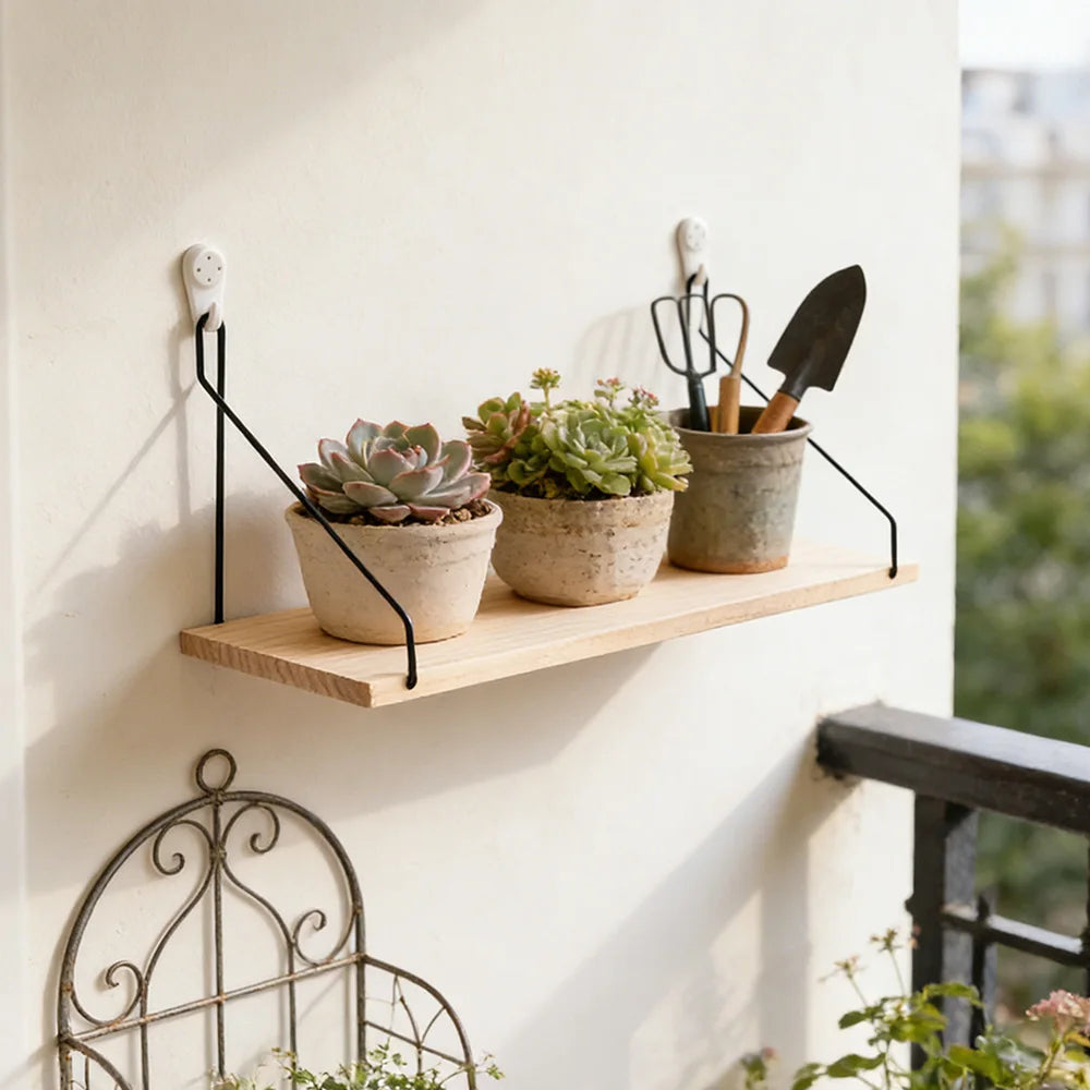 Wooden Wall Shelf with Iron Hooks